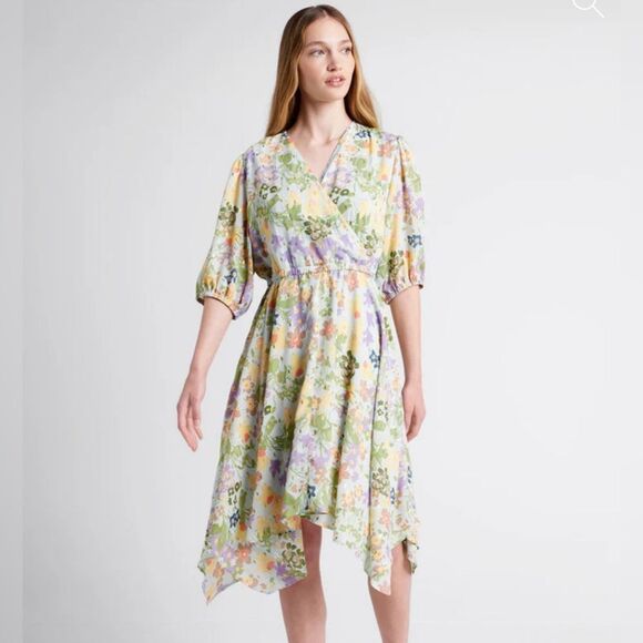 Modcloth Through Fields Of Gold Dress Asymmetrical Scarf Hem Faux Wrap Green M - Picture 1 of 13